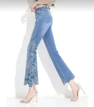 HAPPY- 000007 - B  High Waist Nine-point Floral Embroidery Flare Leg Jeans
