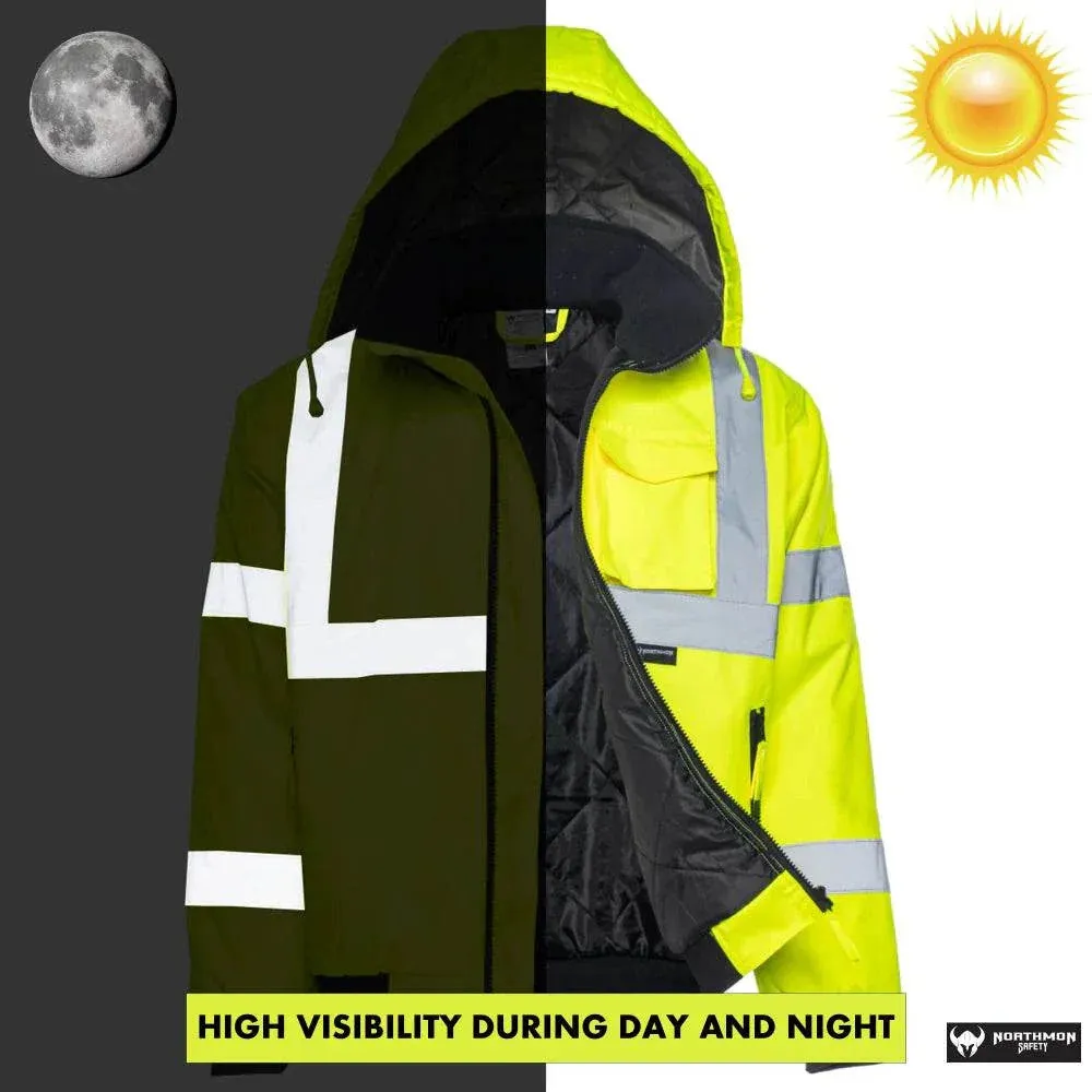 Hi Vis Waterproof Winter Bomber Jacket - ANSI Class 3 - Safety Yellow