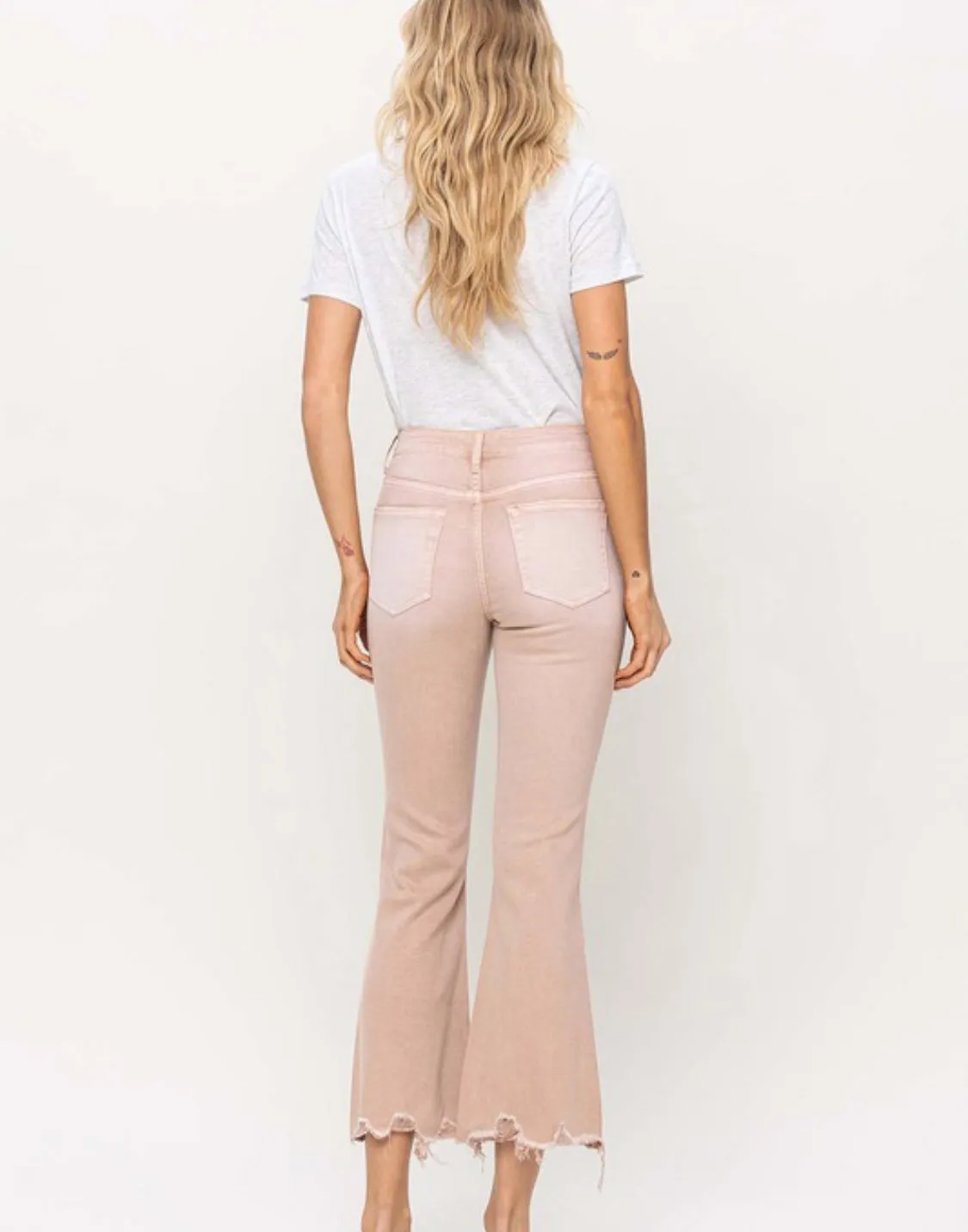 High Rise Distressed Hem Crop Flares in Blush
