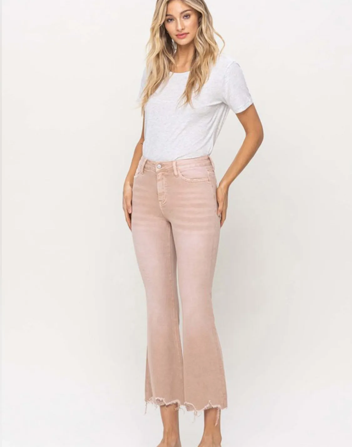 High Rise Distressed Hem Crop Flares in Blush
