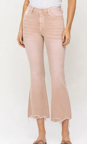 High Rise Distressed Hem Crop Flares in Blush