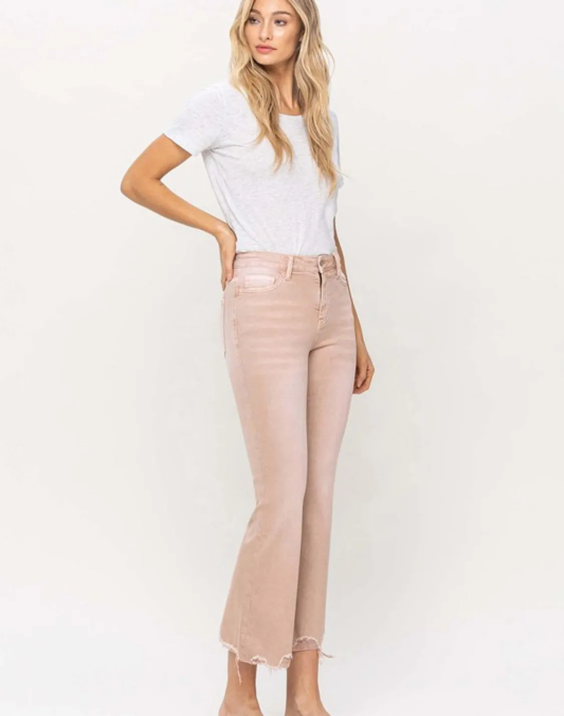 High Rise Distressed Hem Crop Flares in Blush