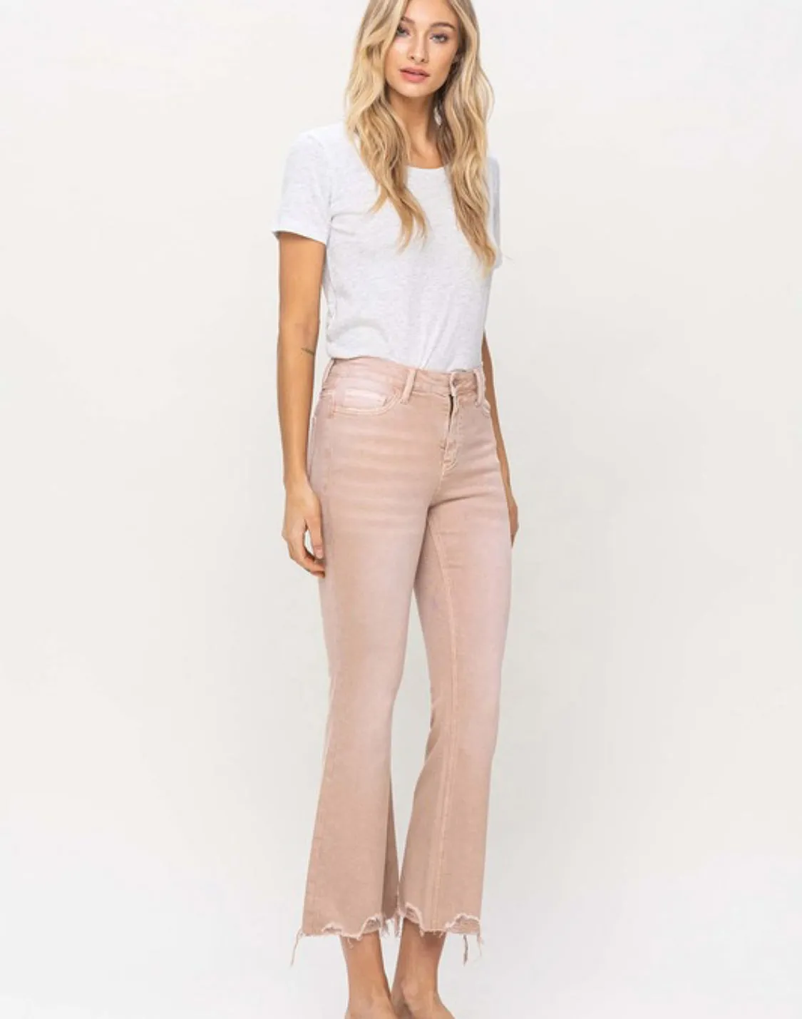 High Rise Distressed Hem Crop Flares in Blush