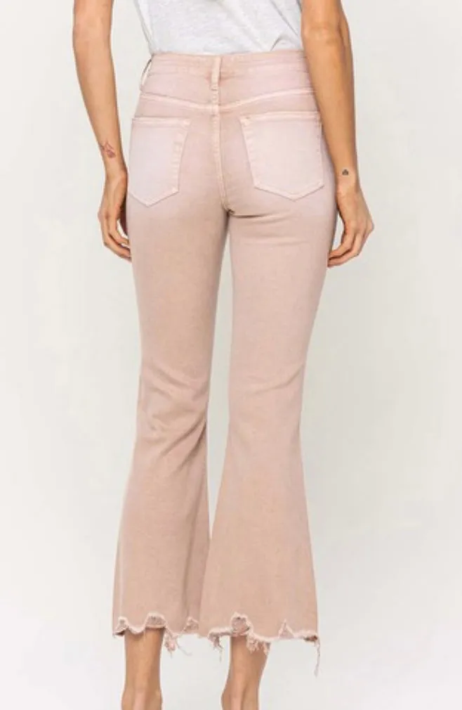 High Rise Distressed Hem Crop Flares in Blush