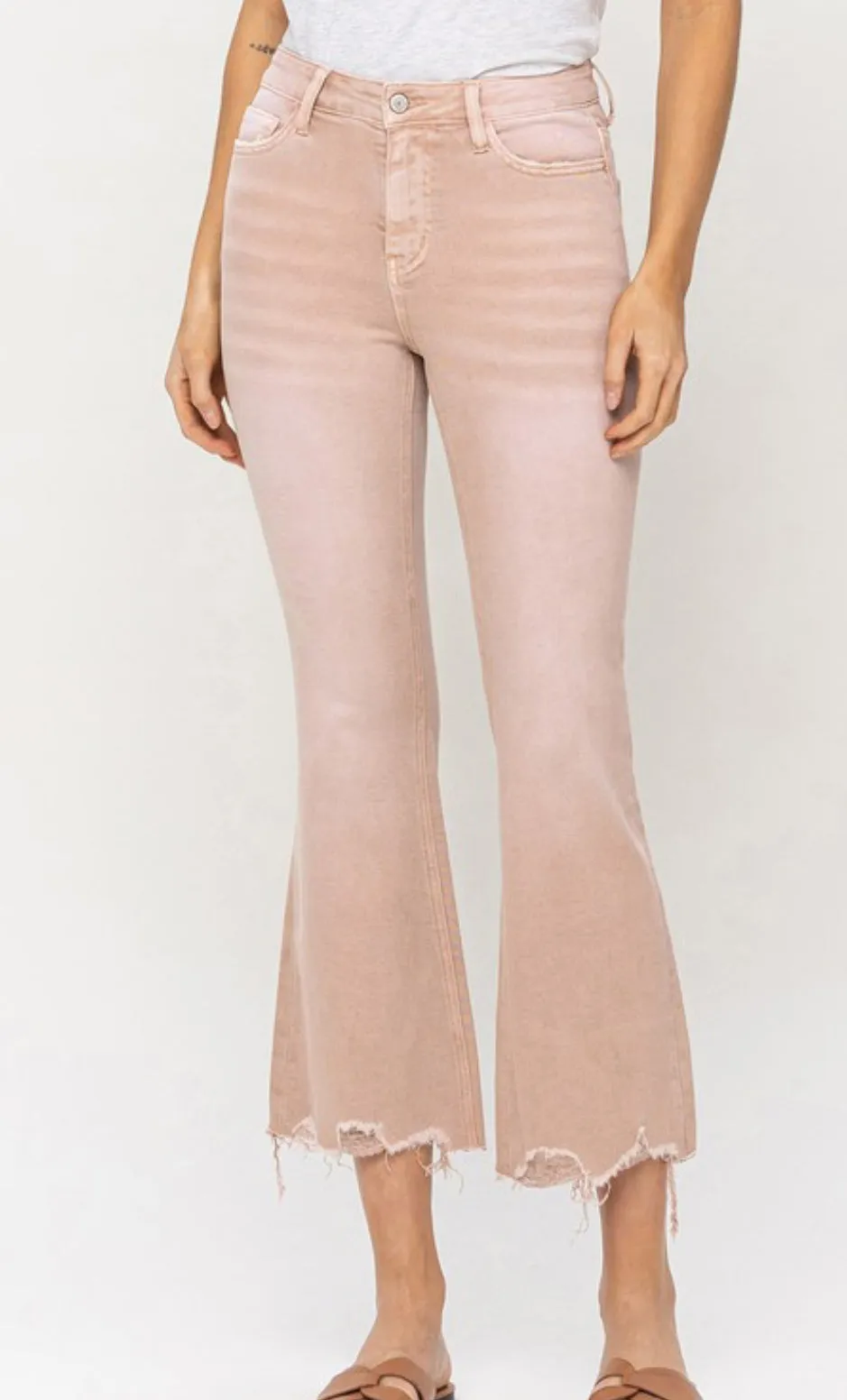 High Rise Distressed Hem Crop Flares in Blush