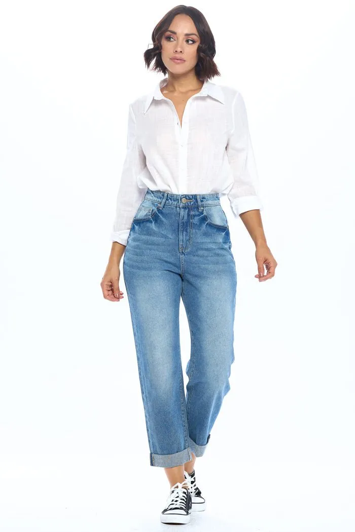 HIGH RISE SOLID MOM JEANS
