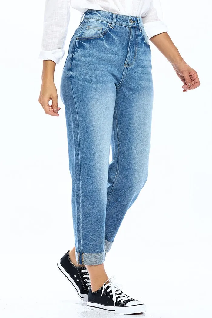 HIGH RISE SOLID MOM JEANS