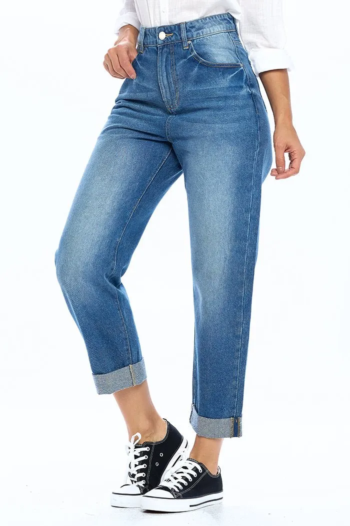 HIGH RISE SOLID MOM JEANS
