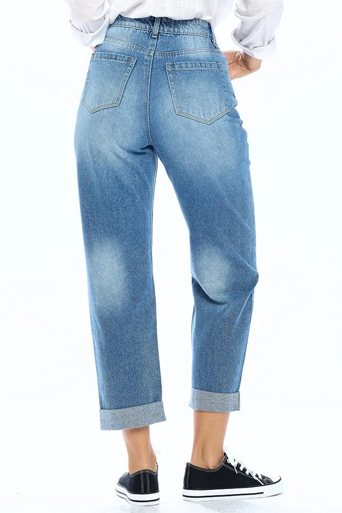 HIGH RISE SOLID MOM JEANS