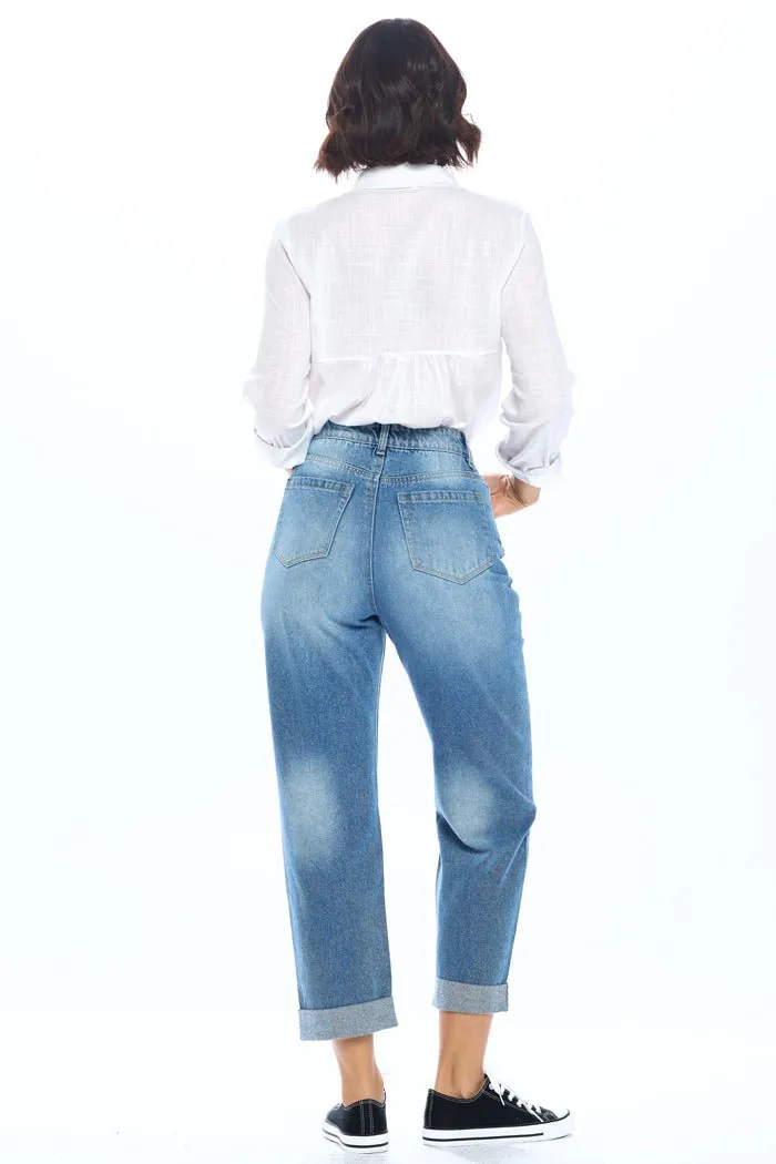 HIGH RISE SOLID MOM JEANS