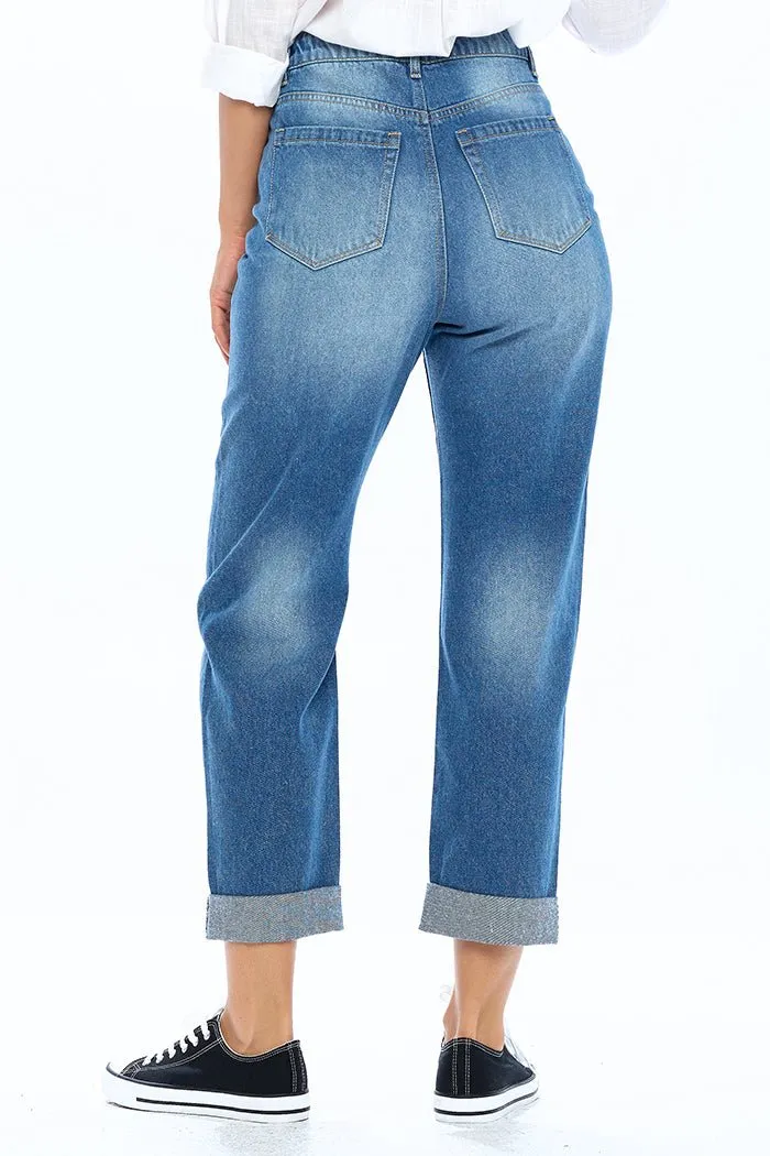 HIGH RISE SOLID MOM JEANS