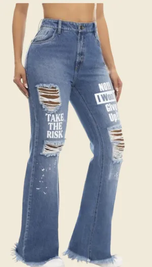 High Waisted Women's Ripped Jeans with Bold Text