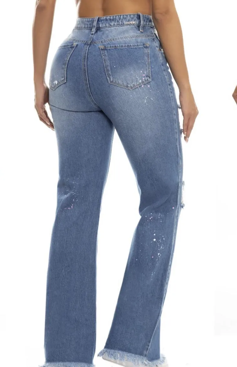 High Waisted Women's Ripped Jeans with Bold Text