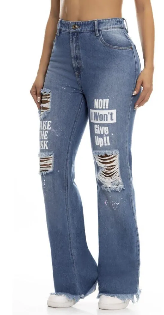 High Waisted Women's Ripped Jeans with Bold Text