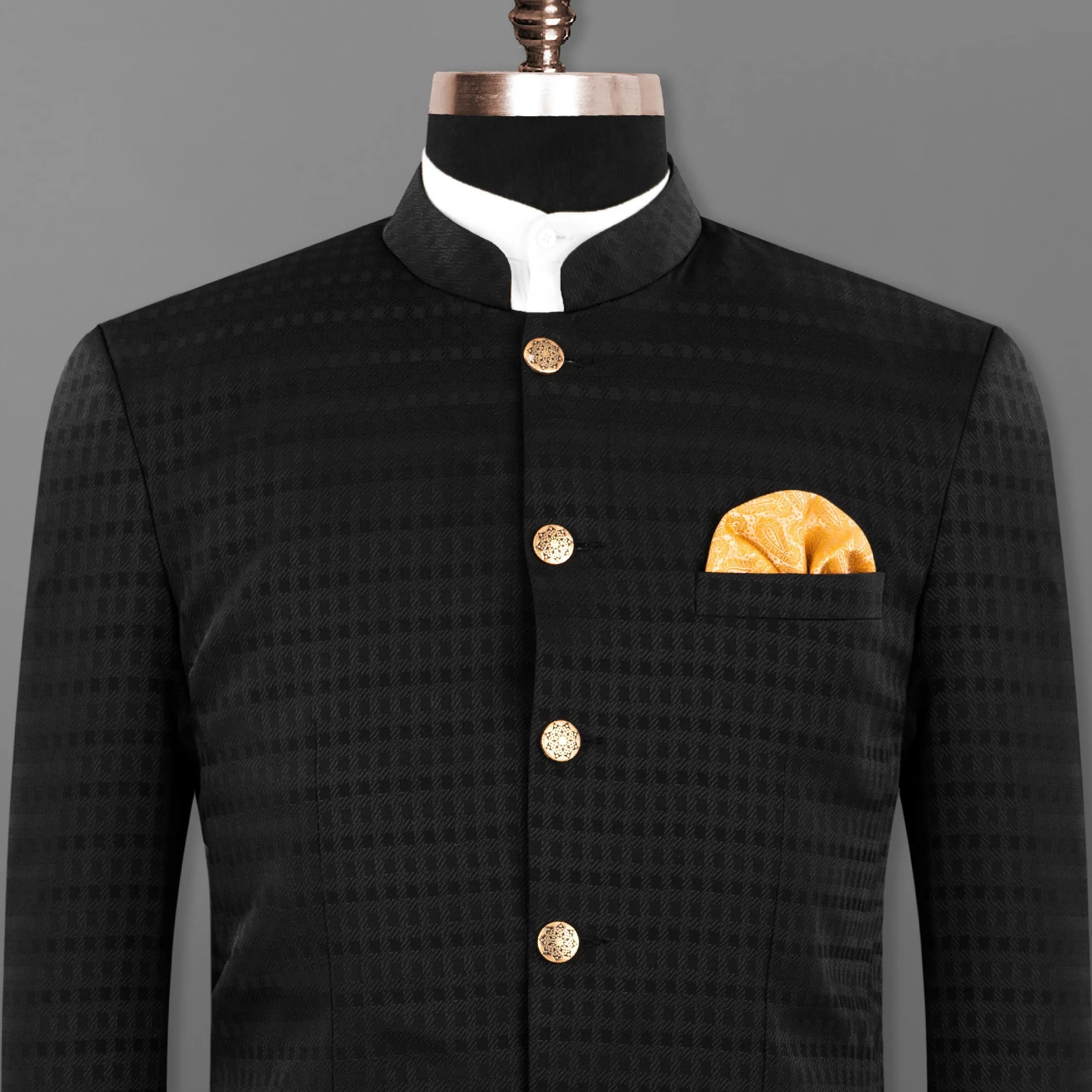 Jade Black Box Patterned Wool Rich Bandhgala/Mandarin Blazer