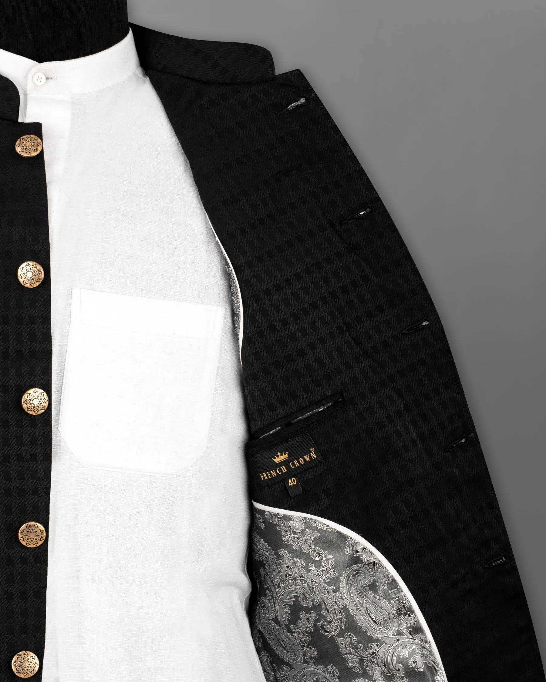 Jade Black Box Patterned Wool Rich Bandhgala/Mandarin Blazer