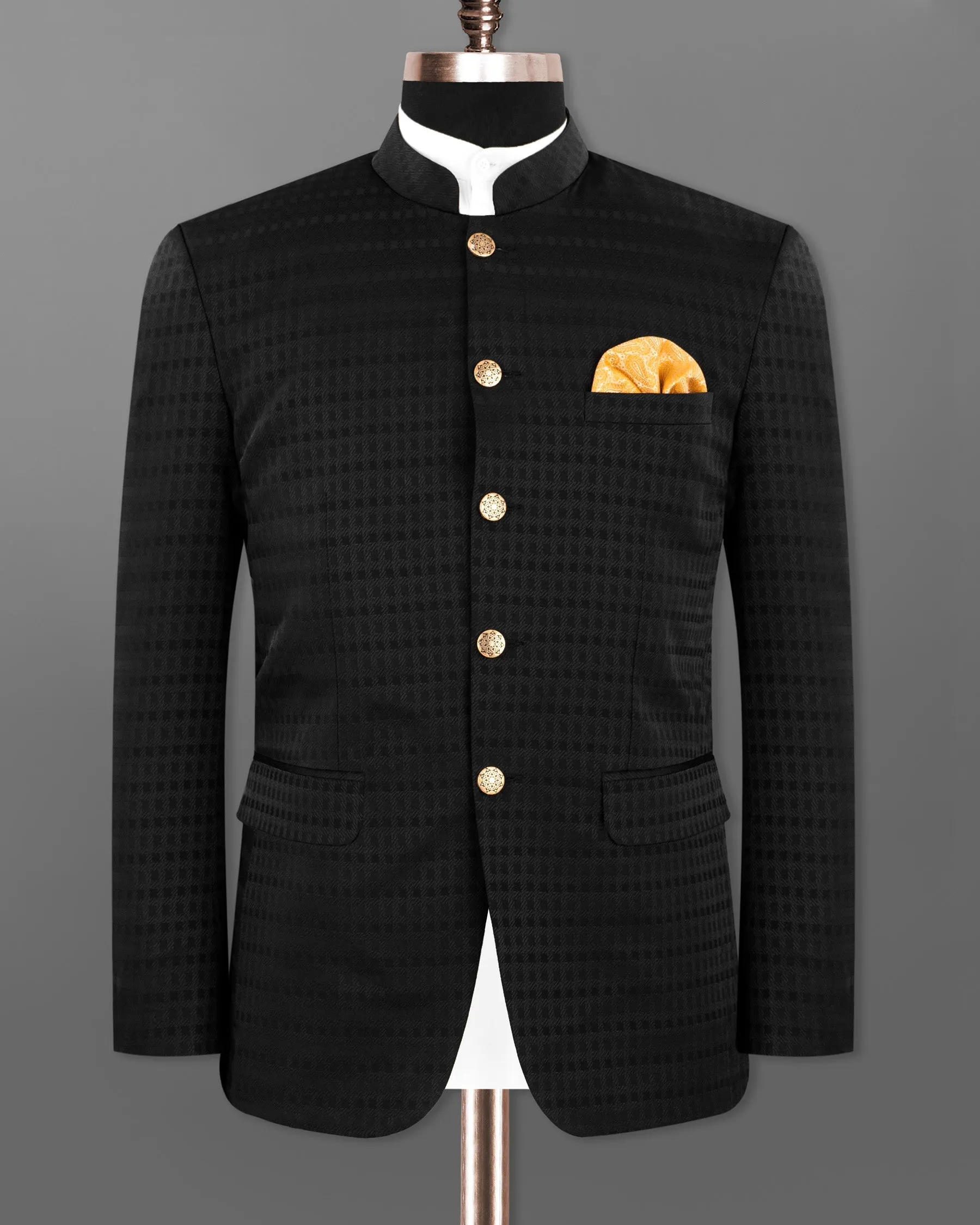Jade Black Box Patterned Wool Rich Bandhgala/Mandarin Blazer