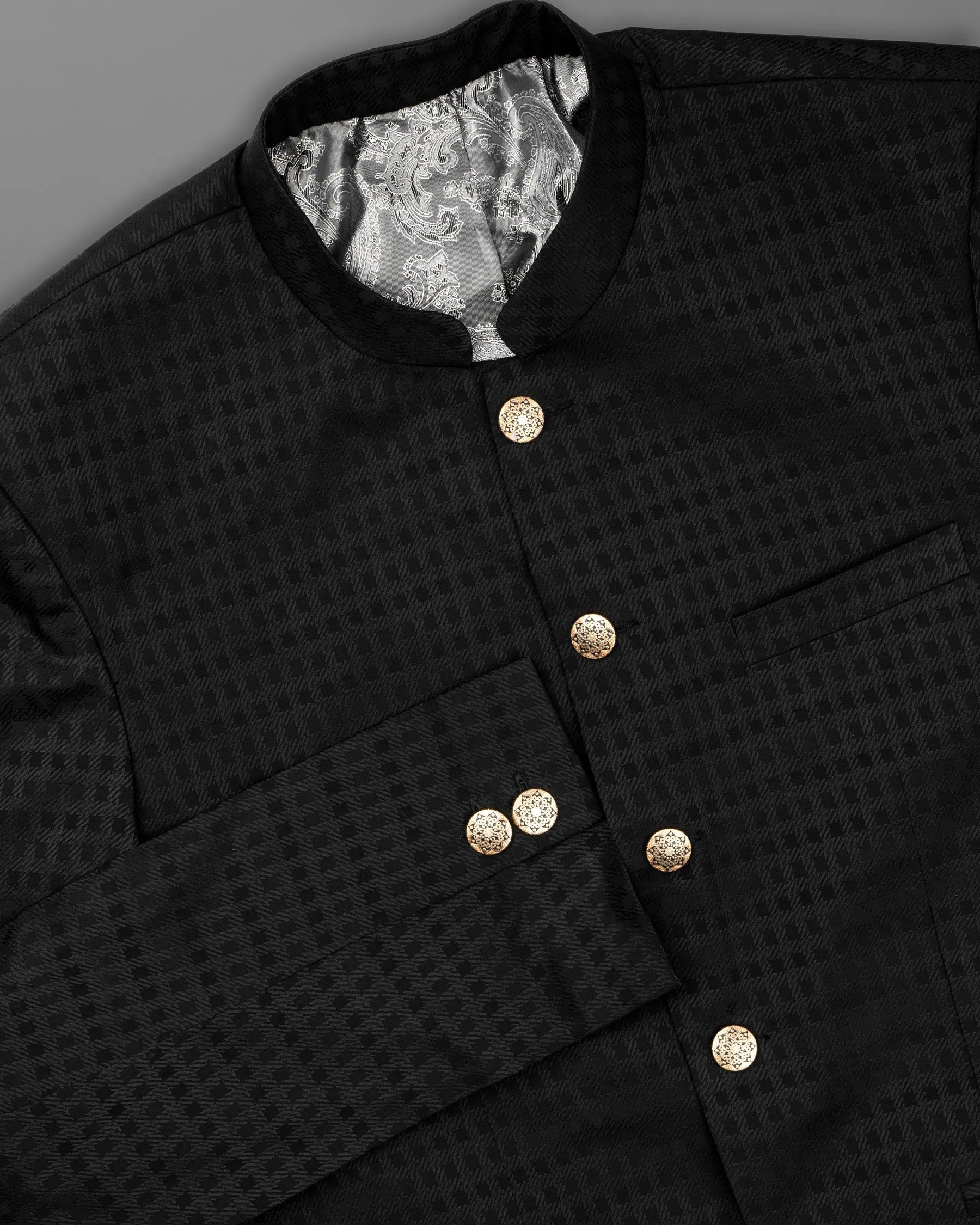 Jade Black Box Patterned Wool Rich Bandhgala/Mandarin Blazer