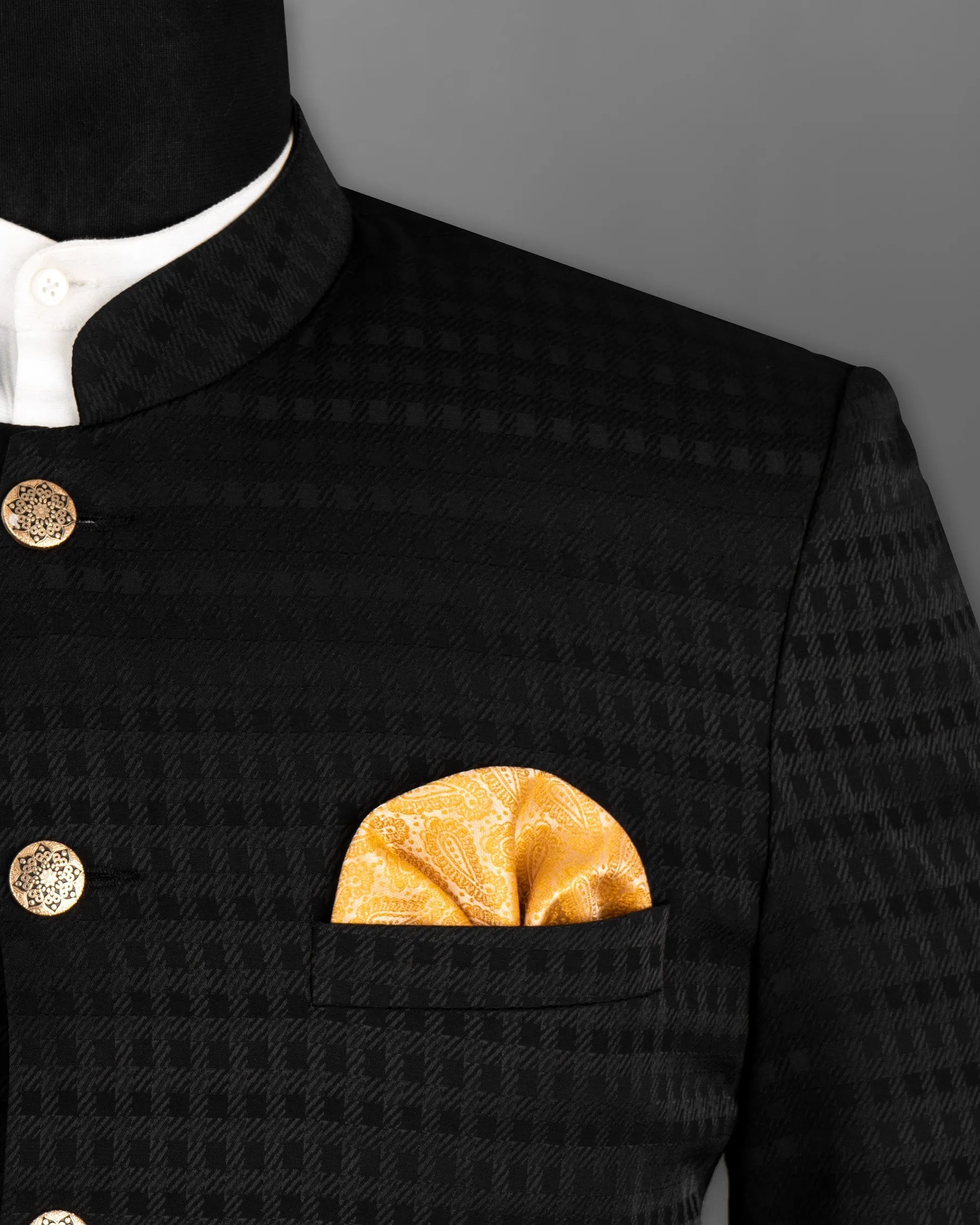 Jade Black Box Patterned Wool Rich Bandhgala/Mandarin Blazer