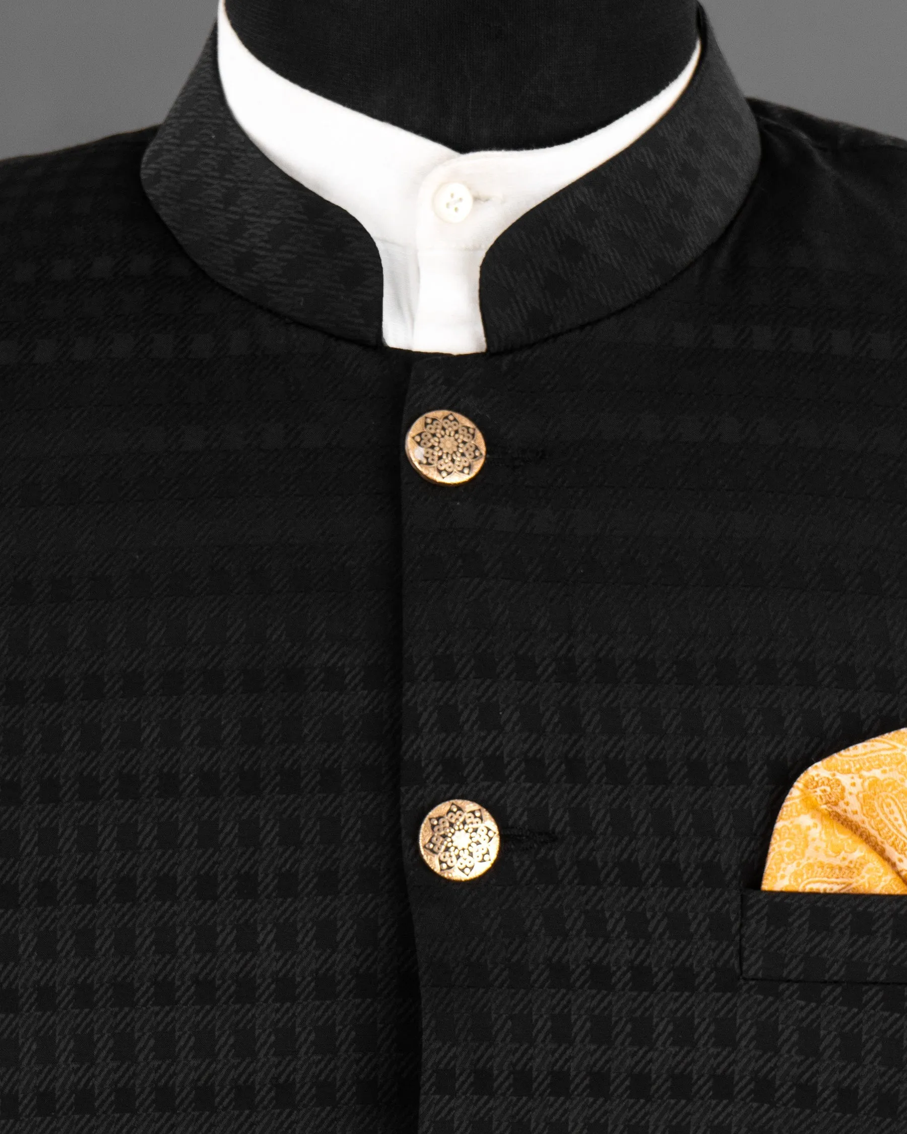 Jade Black Box Patterned Wool Rich Bandhgala/Mandarin Blazer
