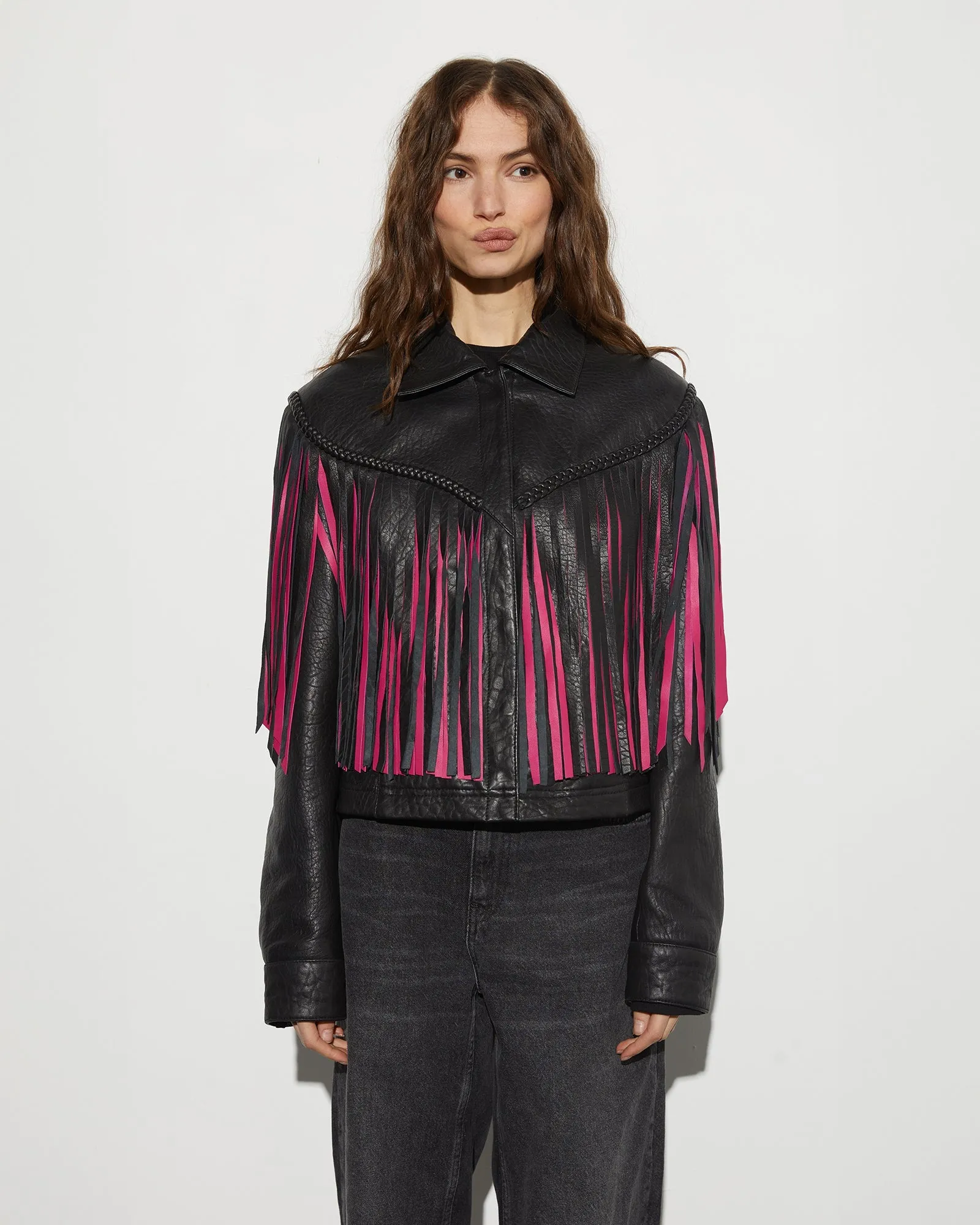 Janez Leather Fringe Jacket | Black
