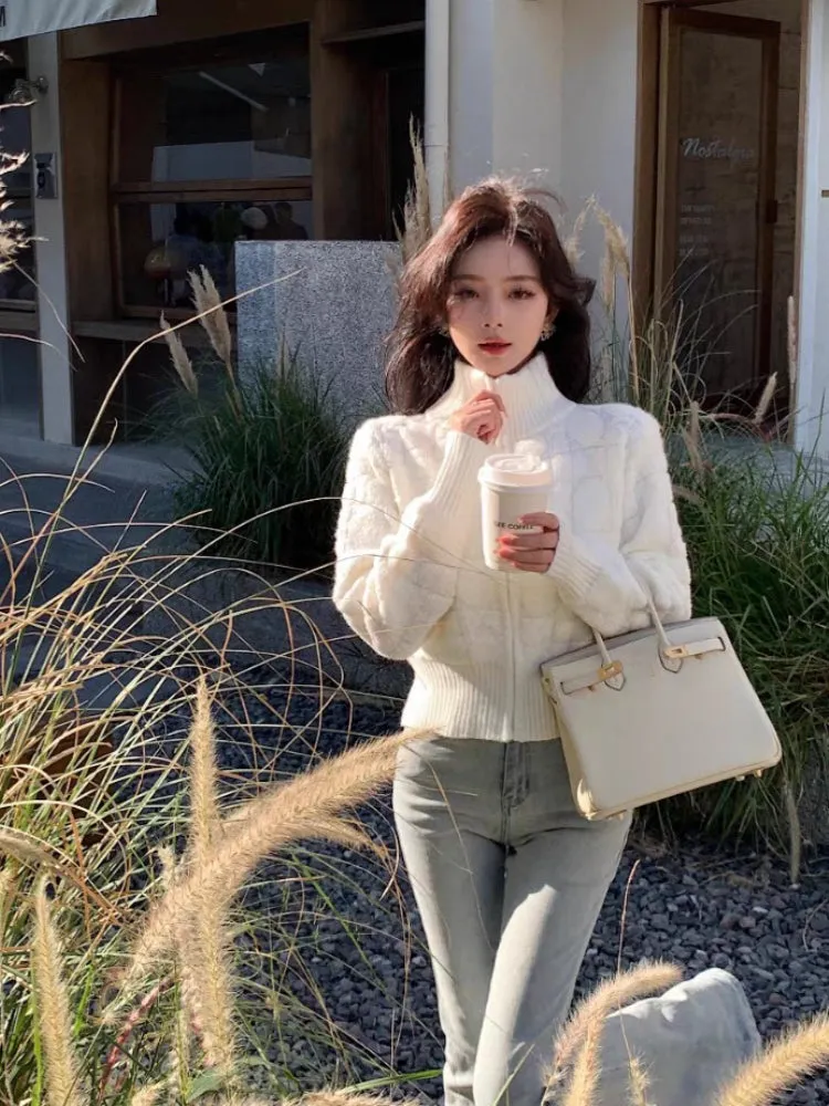 JazzHer White Turtleneck Slim Elegant Zipper Sweaters Korean Chic Simple Y2k Aesthetic Women's Coats Fashion All Match Knitted Cardigans