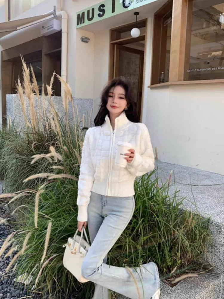 JazzHer White Turtleneck Slim Elegant Zipper Sweaters Korean Chic Simple Y2k Aesthetic Women's Coats Fashion All Match Knitted Cardigans