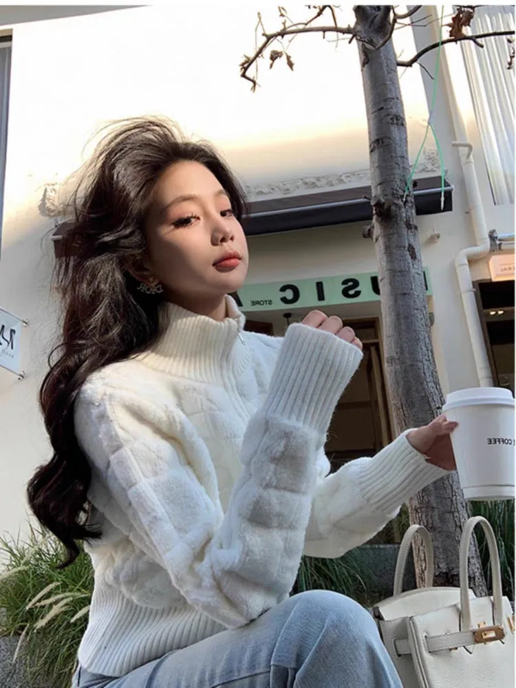 JazzHer White Turtleneck Slim Elegant Zipper Sweaters Korean Chic Simple Y2k Aesthetic Women's Coats Fashion All Match Knitted Cardigans