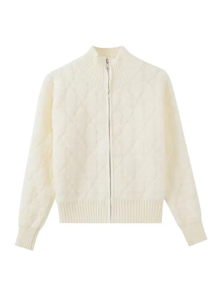 JazzHer White Turtleneck Slim Elegant Zipper Sweaters Korean Chic Simple Y2k Aesthetic Women's Coats Fashion All Match Knitted Cardigans