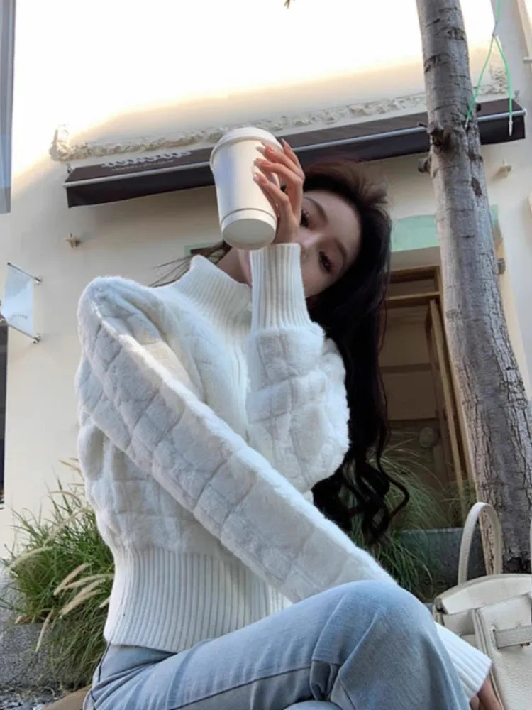 JazzHer White Turtleneck Slim Elegant Zipper Sweaters Korean Chic Simple Y2k Aesthetic Women's Coats Fashion All Match Knitted Cardigans