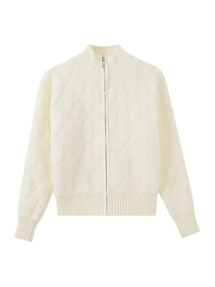 JazzHer White Turtleneck Slim Elegant Zipper Sweaters Korean Chic Simple Y2k Aesthetic Women's Coats Fashion All Match Knitted Cardigans