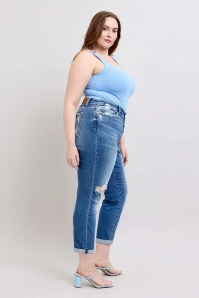 Judy Blue Button Fly Distressed Jeans with Pockets Plus Size