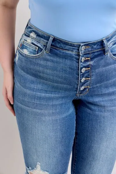 Judy Blue Button Fly Distressed Jeans with Pockets Plus Size
