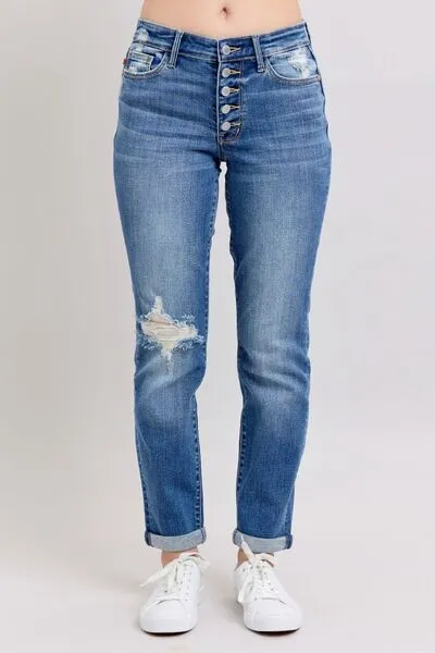 Judy Blue Button Fly Distressed Jeans with Pockets Plus Size