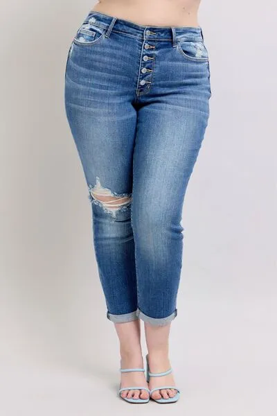 Judy Blue Button Fly Distressed Jeans with Pockets Plus Size