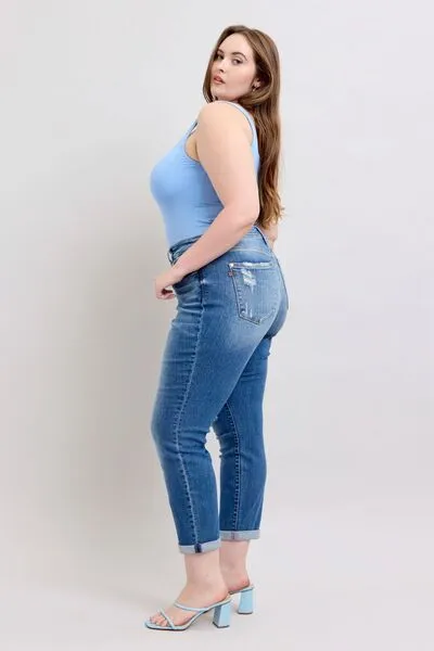 Judy Blue Button Fly Distressed Jeans with Pockets Plus Size