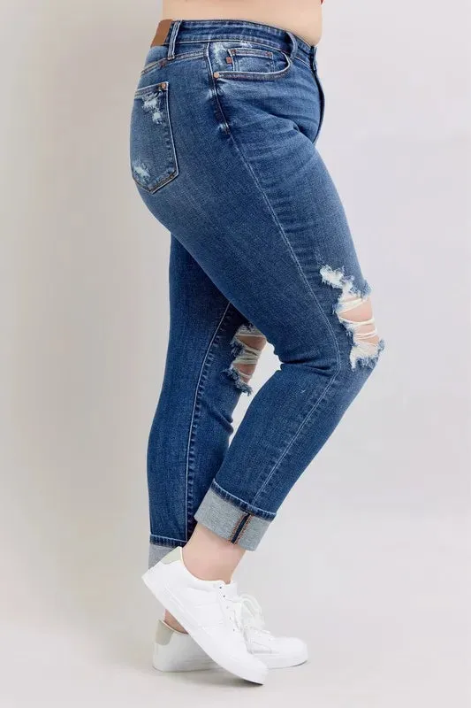Judy Blue Full Size Midi Rise Boyfriend destroy Jeans with Yoke Pockets and Faux Selvedge Cuff Plus Size