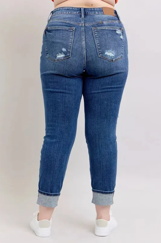 Judy Blue Full Size Midi Rise Boyfriend destroy Jeans with Yoke Pockets and Faux Selvedge Cuff Plus Size