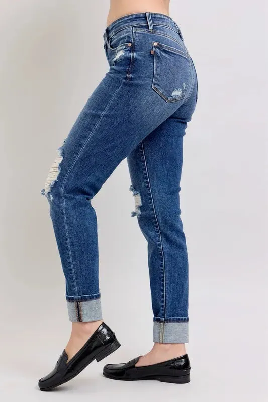 Judy Blue Full Size Midi Rise Boyfriend destroy Jeans with Yoke Pockets and Faux Selvedge Cuff Plus Size