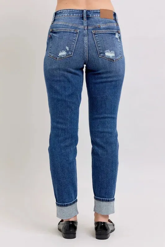 Judy Blue Full Size Midi Rise Boyfriend destroy Jeans with Yoke Pockets and Faux Selvedge Cuff Plus Size