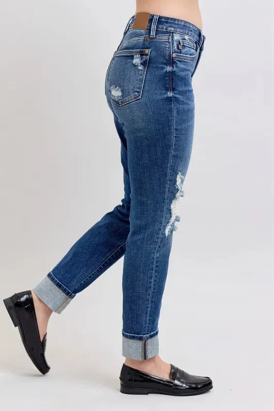 Judy Blue Full Size Midi Rise Boyfriend destroy Jeans with Yoke Pockets and Faux Selvedge Cuff Plus Size