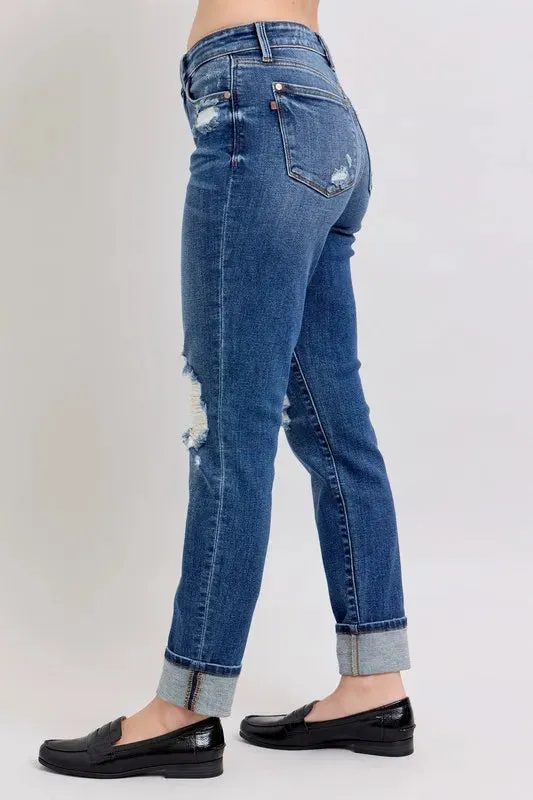 Judy Blue Full Size Midi Rise Boyfriend destroy Jeans with Yoke Pockets and Faux Selvedge Cuff Plus Size