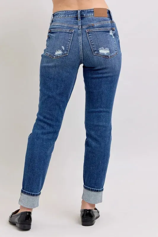 Judy Blue Full Size Midi Rise Boyfriend destroy Jeans with Yoke Pockets and Faux Selvedge Cuff Plus Size