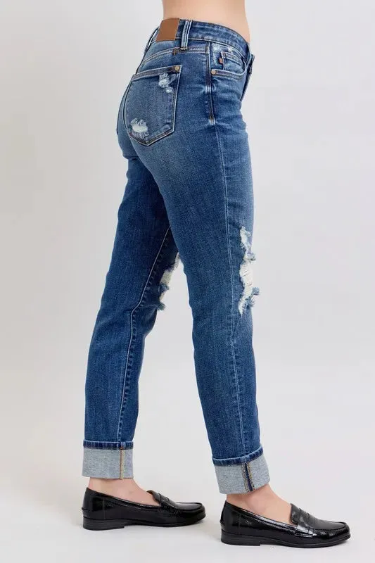 Judy Blue Full Size Midi Rise Boyfriend destroy Jeans with Yoke Pockets and Faux Selvedge Cuff Plus Size