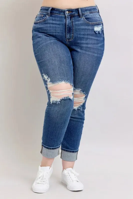 Judy Blue Full Size Midi Rise Boyfriend destroy Jeans with Yoke Pockets and Faux Selvedge Cuff Plus Size