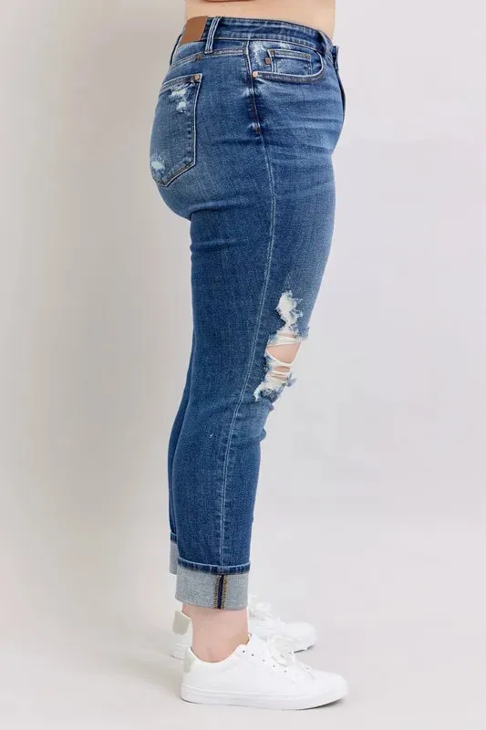 Judy Blue Full Size Midi Rise Boyfriend destroy Jeans with Yoke Pockets and Faux Selvedge Cuff Plus Size