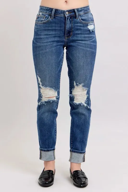 Judy Blue Full Size Midi Rise Boyfriend destroy Jeans with Yoke Pockets and Faux Selvedge Cuff Plus Size