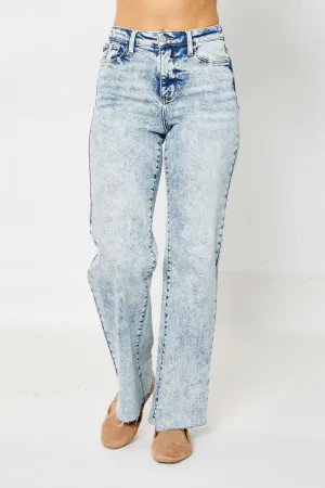 Judy Blue High Waist Mineral Wash Raw Hem Wide Leg Jeans