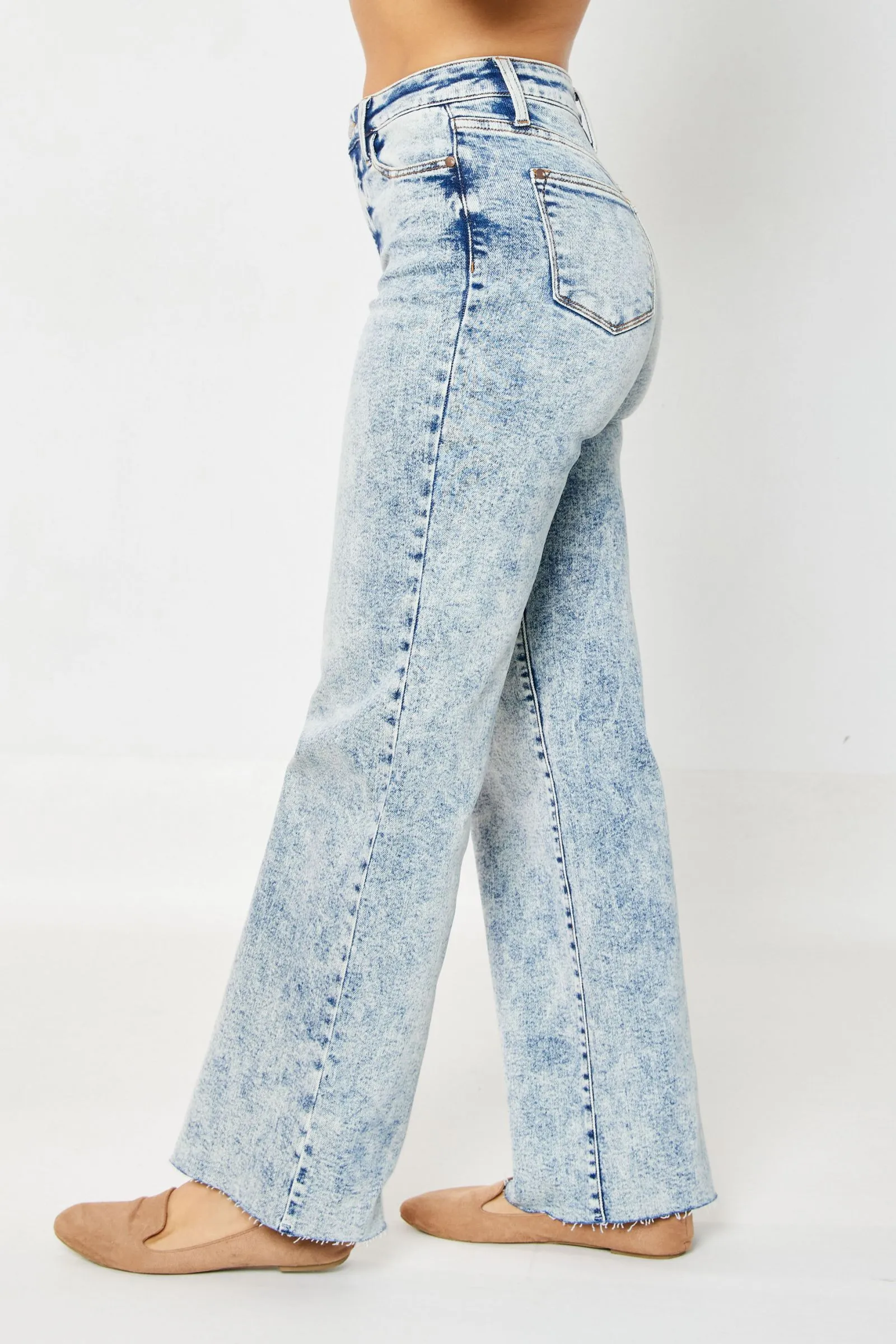 Judy Blue High Waist Mineral Wash Raw Hem Wide Leg Jeans