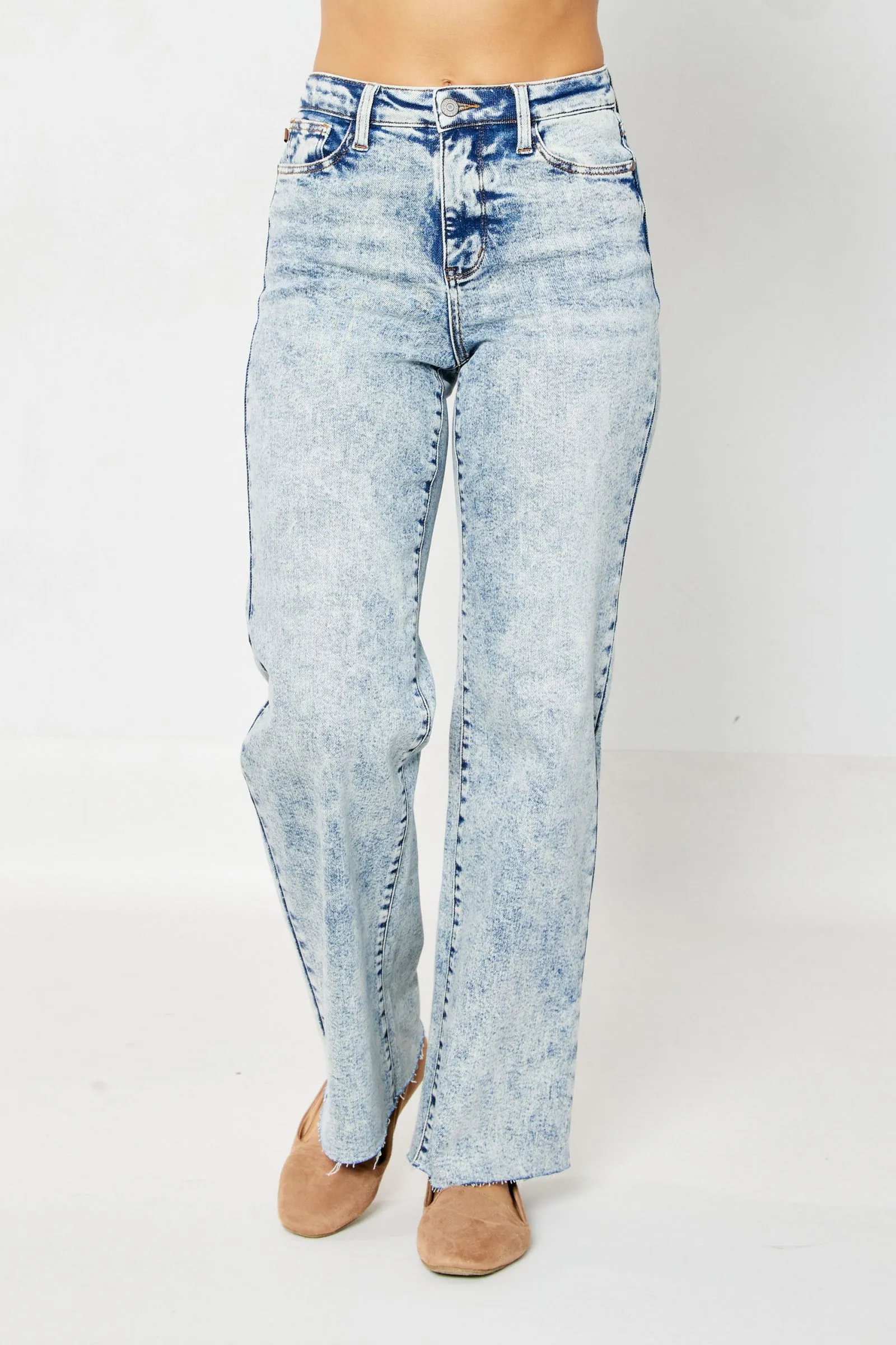Judy Blue High Waist Mineral Wash Raw Hem Wide Leg Jeans